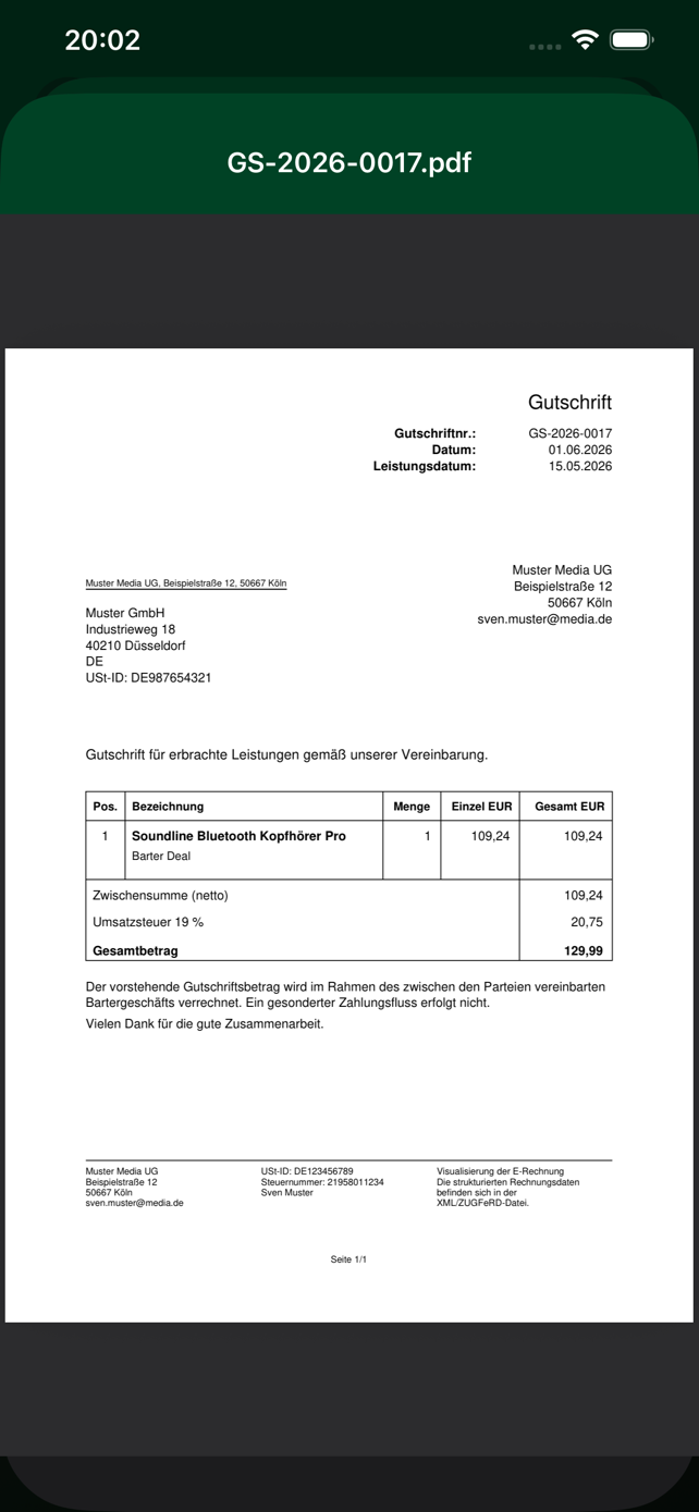 Erzeugtes Gutschrift-Dokument